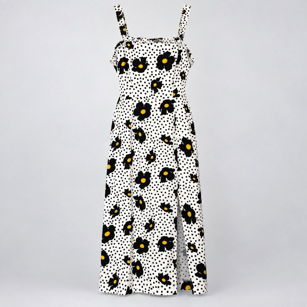 Urban Outfitters Remy Daisy Print Linen Ruffle Square-Neck Midi Dress Medium